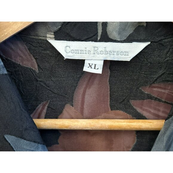 Vintage Connie Roberson Black Floral Print Sheer Button Up Blouse XL 1990s - Picture 4 of 5